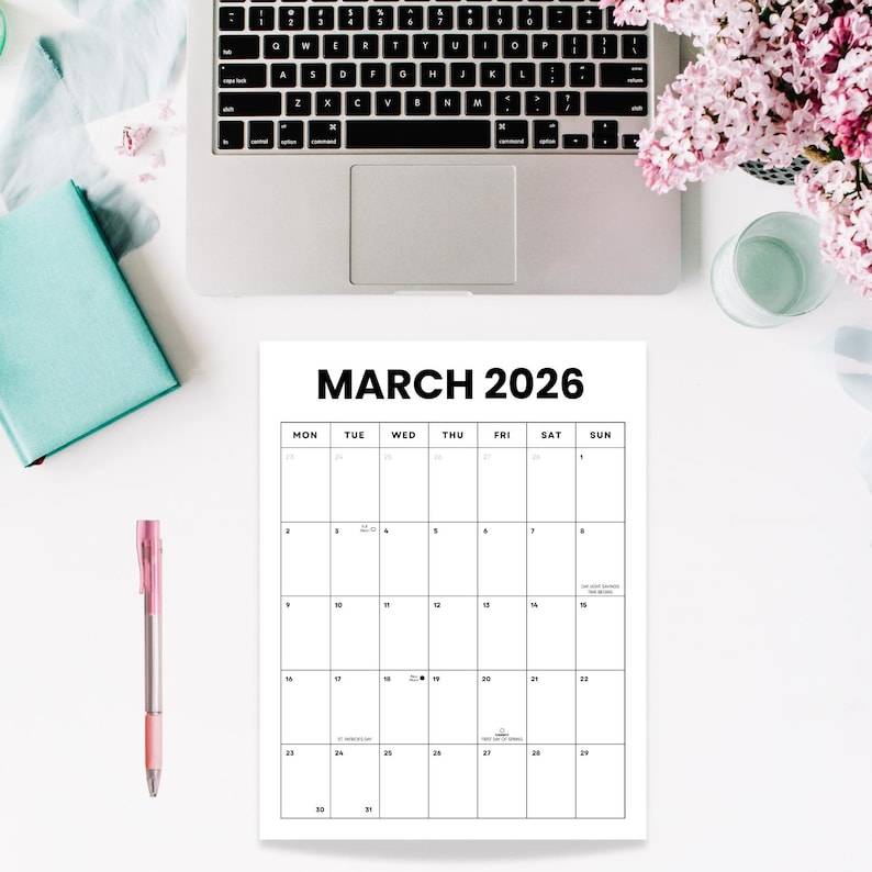 March 2026 Vertical Minimalist Monthly Calendar W/holidays + Moons ...