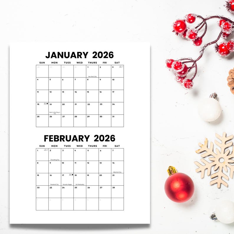 2026 Minimalist Calendar Landscape Printable: Monthly Planner W/us ...