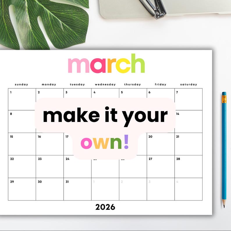 March 2026 Minimalist Calendar Printable: Rainbow PDF, Sunday/monday ...