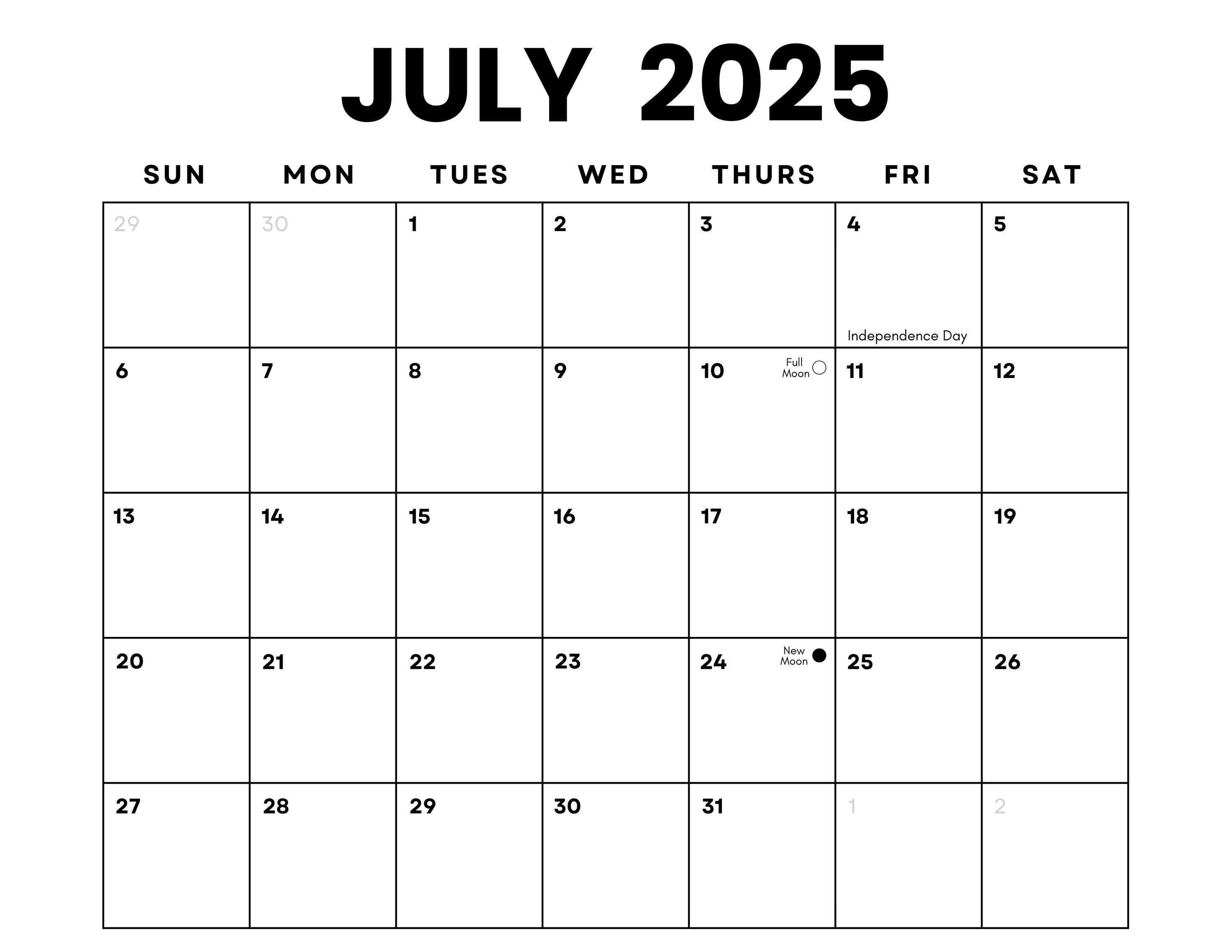 Datiert Juli 2025 Minimalistischer Monatskalender mit Feiertagen und Monden | Querformat Letter PDF| SOFORTIGER DOWNLOAD | Juli Planer| Sonntag, Start Montag