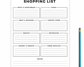 May include: A printable shopping list template with categories for fruit and vegetables, dairy, meat and seafood, pantry items, snacks, beverages, bakery and sweets, and home supplies. There is also a section for notes.
