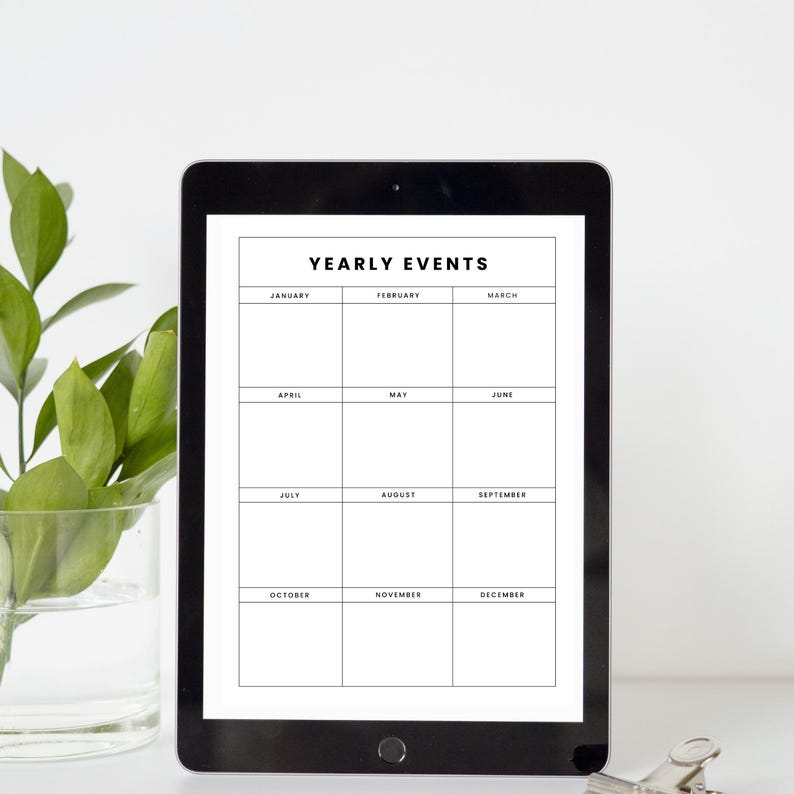 Yearly Events Planner Printable Minimalist Perpetual Calendar (PDF