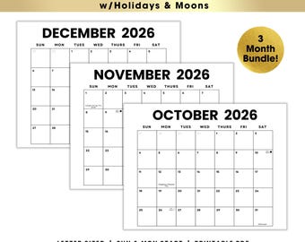Q4 2026 Minimalist Calendar Bundle | October November December Printable PDF | US Holidays & Moons | Sunday + Monday Start |Instant Download