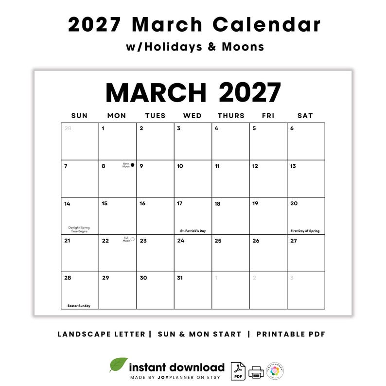 March 2027 Monthly Calendar W/holidays + Moons: Minimalist Landscape