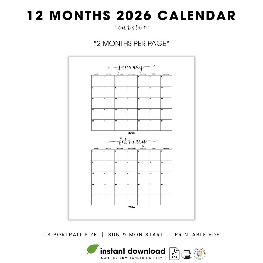 2026 Minimalist Calendar Printable: Cursive Monthly Planner (PDF ...