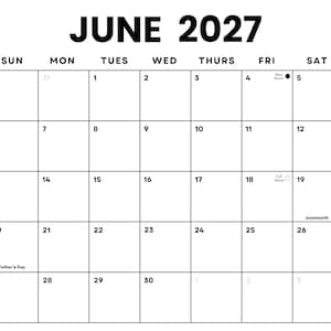 Può includere: Un calendario in bianco e nero per giugno 2027. La griglia del calendario mostra i giorni della settimana, con date ed eventi speciali come la Festa del papà e Juneteenth. Il mese e l'anno sono stampati in grassetto, in nero in alto.