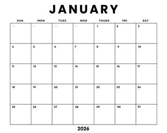 January 2026 Calendar Printable | Minimalist Monthly Planner (PDF) Landscape: Sunday + Monday Start