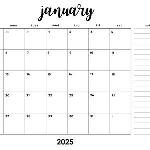 Januar 2025 Minimalistischer Monatskalender mit Notizen zum ausdrucken Sofortiger digitaler Download | Sonntag + Montag Beginn | Januar Planer