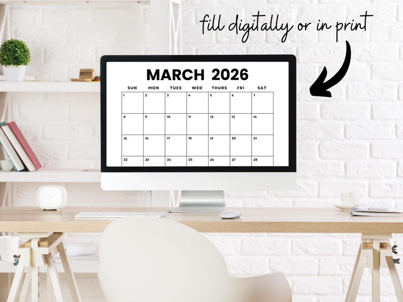 Pode incluir: Um calend&aacute;rio imprim&iacute;vel preto e branco para mar&ccedil;o de 2026 exibido na tela de um computador. O calend&aacute;rio &eacute; projetado para ser preenchido digitalmente ou impresso.