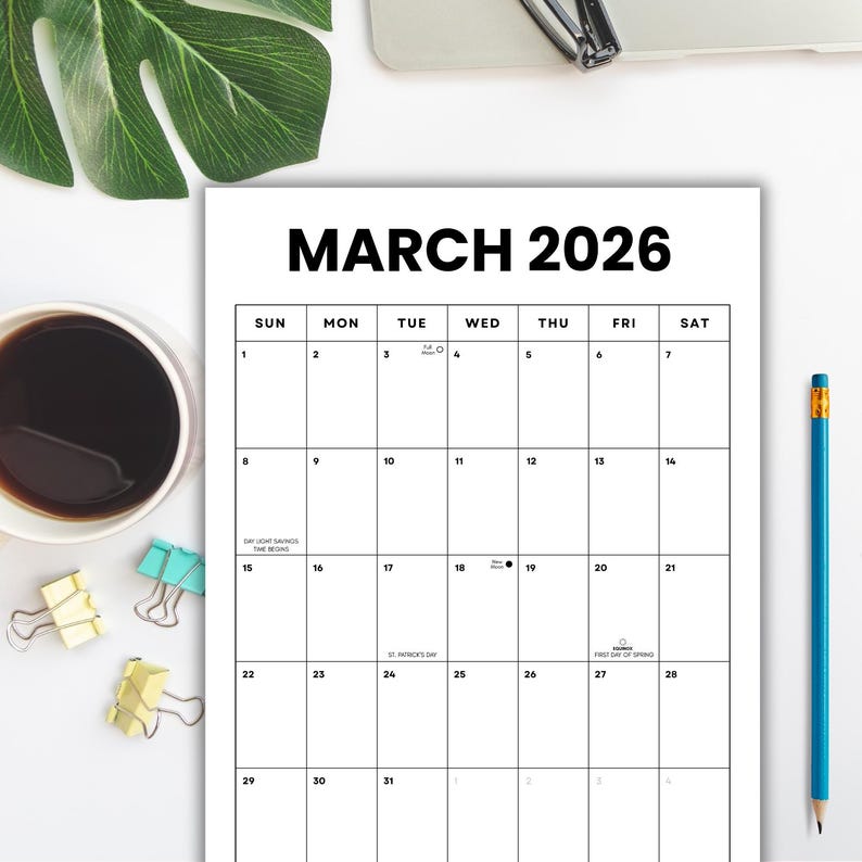March 2026 Vertical Minimalist Monthly Calendar W/holidays + Moons ...