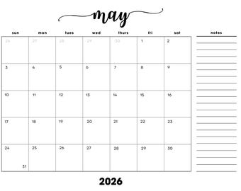 May 2026 Monthly Calendar with Notes: Minimalist Cursive Landscape (Printable PDF); Sunday + Monday Start, Monthly Planner PDF