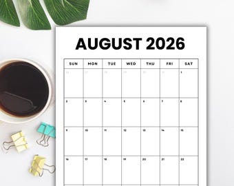 August 2026 Monthly Calendar: Minimalist Cursive Vertical Planner (Printable PDF, Digital Download, Sunday/Monday Start) | Portrait Letter