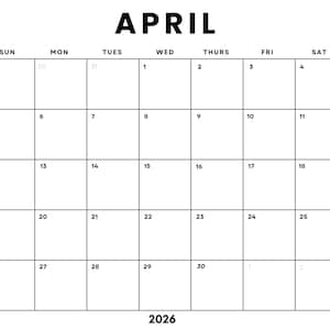 Puede incluir: Un calendario minimalista en blanco y negro para abril de 2026. La palabra "ABRIL" está en la parte superior, con los días de la semana en la fila superior. Las fechas se muestran en formato de cuadrícula, con cada número del día en un cuadro.