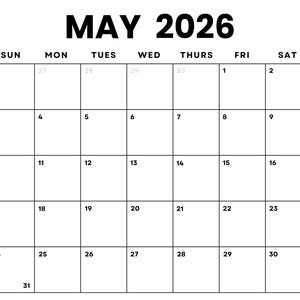 以下が含まれることがあります： 2026年5月の空白の暦。暦は、日曜日から始まり土曜日で終わる、週の各曜日ごとに7つの列に分けられています。週の曜日は各列の上部にラベル付けされています。1から31までの数字は、週の各曜日の下のボックスにリストされています。