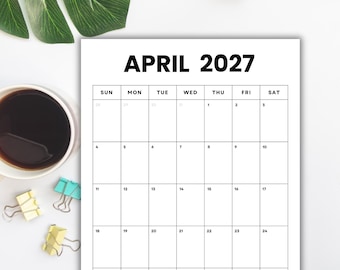 April 2027  Vertical Minimalist Calendar (Printable PDF) | Sunday + Monday Start | Instant Download