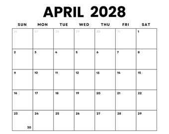 April 2028 Minimalist Calendar: US Holidays & Moon Phases (Printable PDF) | Sunday + Monday Start | Instant Download