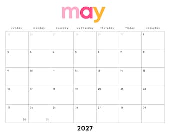May 2027 Minimalist Calendar Printable: Rainbow PDF, Sunday/Monday Start (Digital Download) | Landscape Letter | Monthly Planner