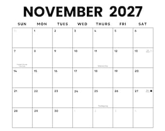 November 2027 Minimalist Calendar: US Holidays & Moon Phases (Printable PDF) | Sunday + Monday Start | Instant Download
