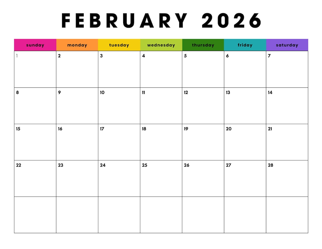 February 2026 Colorblock Calendar: Minimalist Brights Printable (PDF