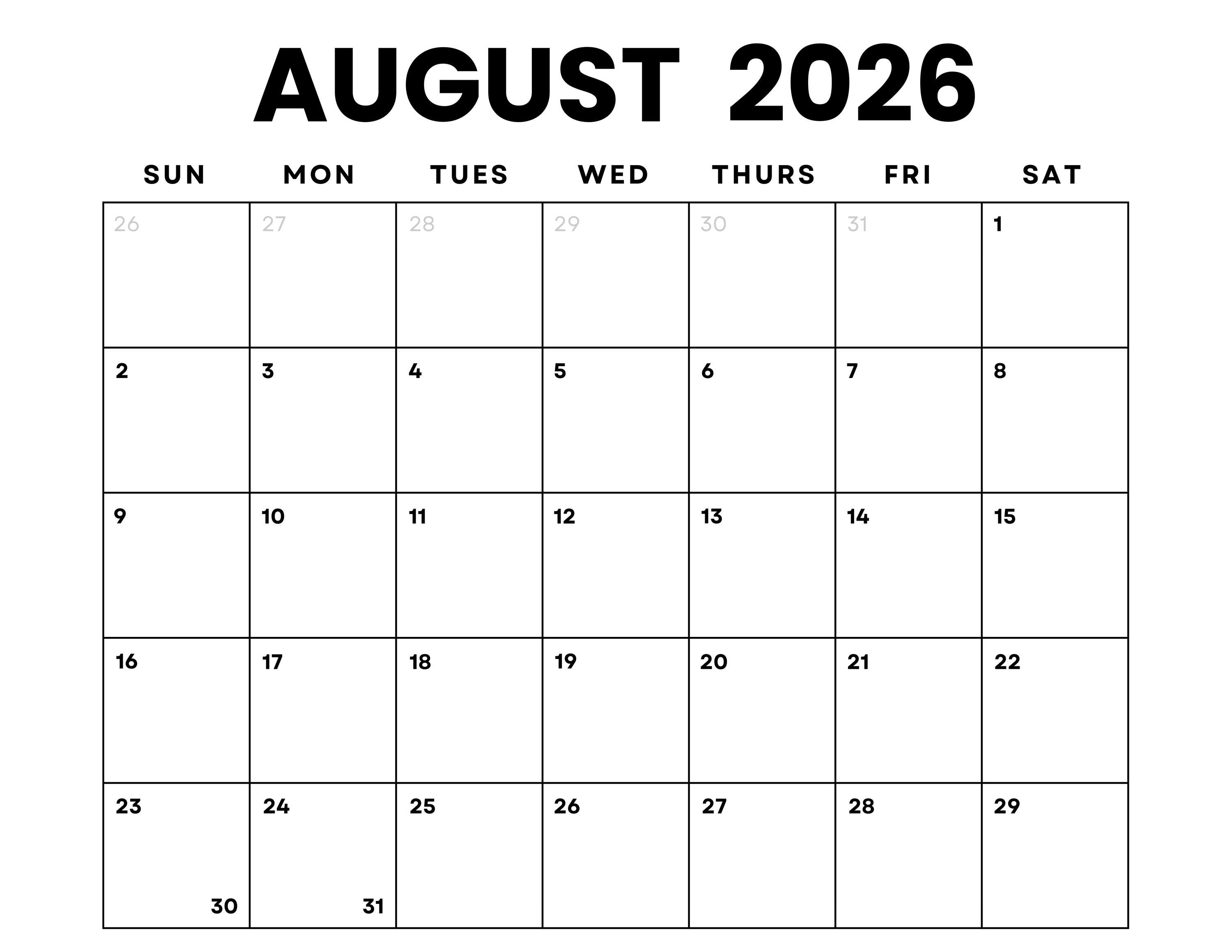 Dated August 2026 Minimalist Monthly Calendar Printable PDF| Instant Digital Download | Dated Monthly Planner 2026 | Sunday, Monday Start