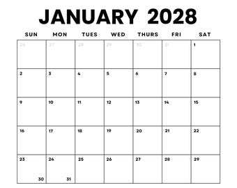January 2028 Minimalist Calendar: Printable Landscape PDF (Sunday/Monday Start)