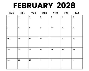 February 2028 Monthly Calendar w/Holidays + Moons: Minimalist Landscape Planner (Printable PDF, Digital Download, Sunday/Monday Start)