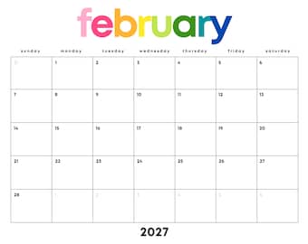 February 2027 Minimalist Calendar Printable: Rainbow PDF, Sunday/Monday Start (Digital Download) | Landscape Letter | Monthly Planner