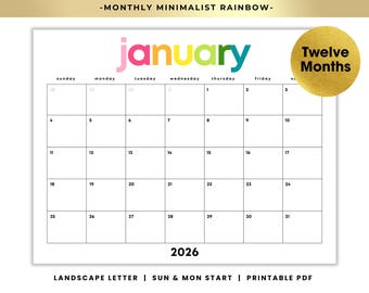 2026 Rainbow Calendar Bundle | 12 Month Minimalist Printable PDF | Colorful Monthly Planner | Sunday + Monday Start | Instant Download