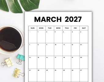March 2027 Monthly Calendar: Minimalist Minimalist Vertical Planner (Printable PDF, Digital Download, Sunday/Monday Start) | 8.5 X 11"