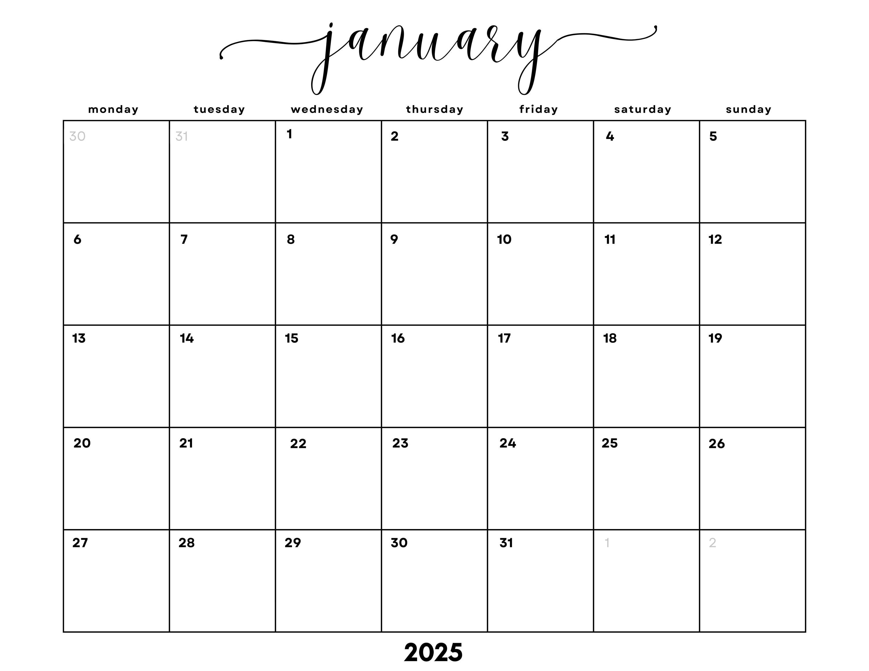 Dated January 2025 Minimalist Monthly Calendar Printable Letter PDF| INSTANT DOWNLOAD | January Planner | Sunday + Monday Start