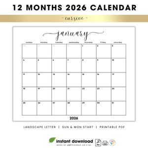 Calendrier minimaliste daté de 2026 PDF imprimable | 12 mois | Début dimanche et lundi | Calendrier cursif élégant | Téléchargement instantané | Format lettre