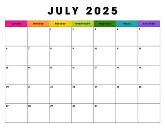 Juli 2025 Minimalist Colorblock {BRIGHTS} | Monatskalender PDF | Sofortiger digitaler Download | Datiert Juli Planer | Sonntag Start