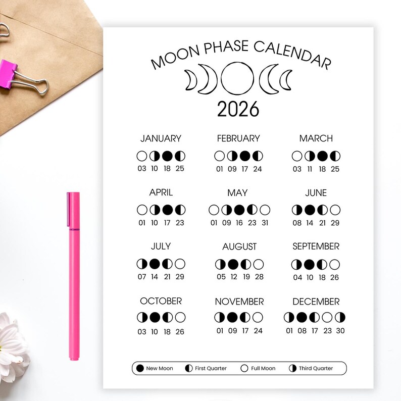 2026 Lunar Calendar | Moon Phase Calendar Printable | Moon Cycle ...