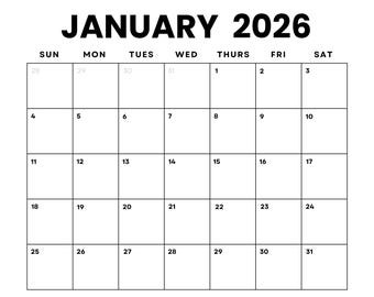 Dated January 2026 Minimalist Monthly Landscape Calendar Printable PDF| Instant Download | Dated Monthly Calendar 2026| Sunday, Monday Start