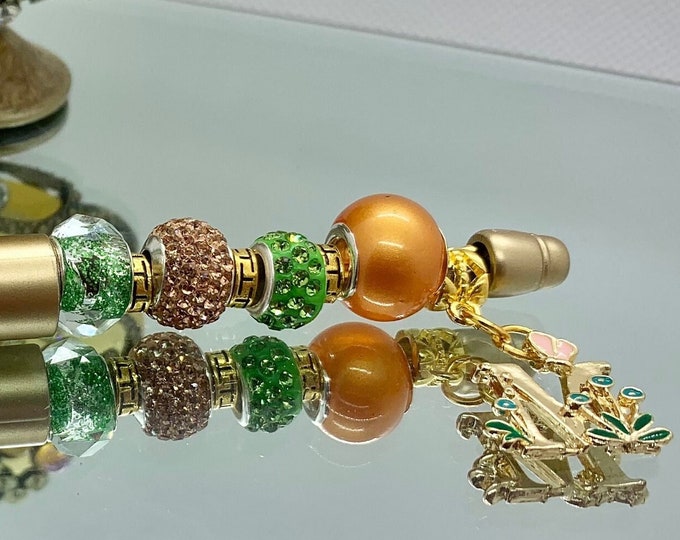 Bejeweled gold & green writing pen w/ custom initial