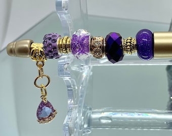 Purple Beaded Charm Pen with Crystal Drop – Elegant Gold Ballpoint for Journaling