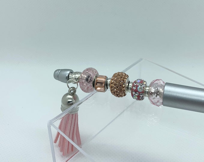 Bejeweled Pink/Silver pen w/leather tassel
