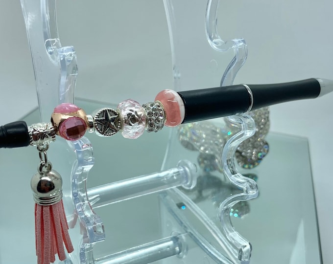 Bejeweled Black & Pink writing pen w/ leather tassle