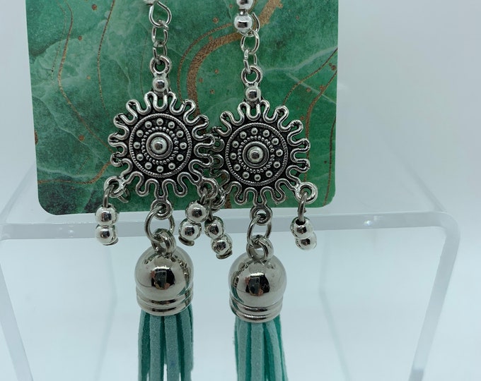 Turquoise drop earrings w/ leather tassel