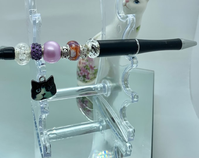 Bejeweled Black and Lavendar Writing Pen w/ cat charm