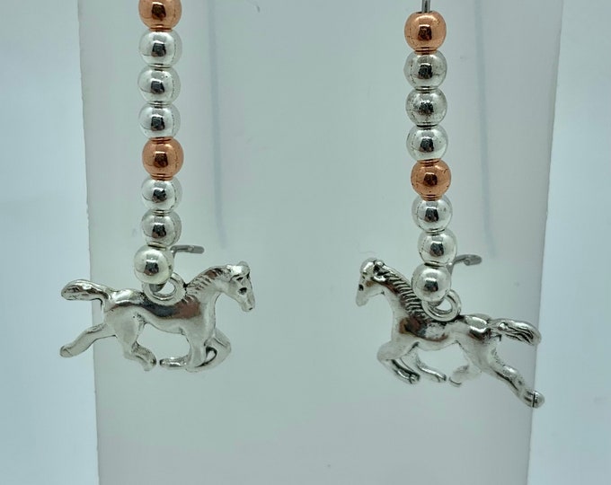 Copper and silver horse drop earrings