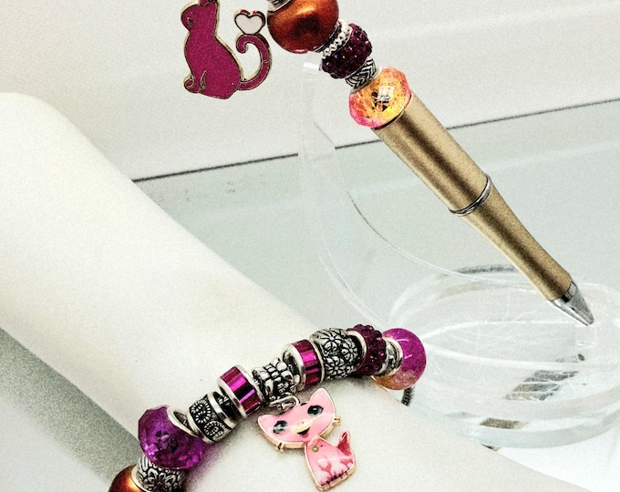 Pink Kitty Charm Beaded Pen & Bracelet Set – Handmade Gift for Cat Lovers