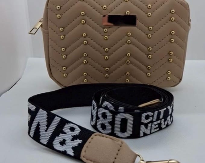 Beige cross body handbag with gold studs and cool canvas strap