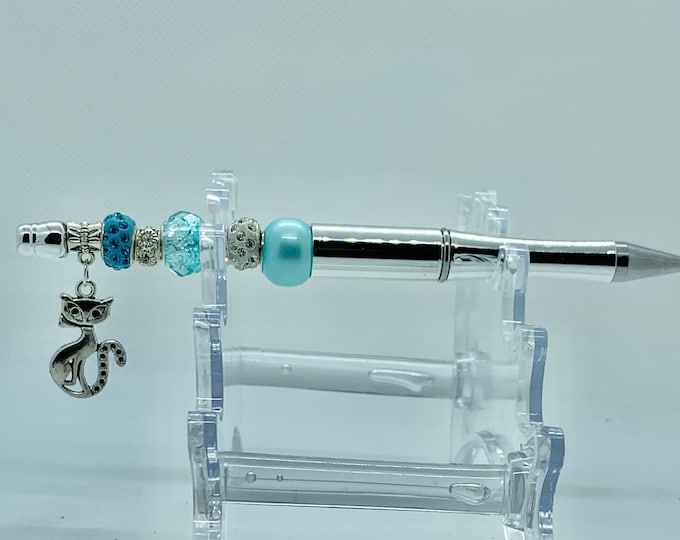 Bejeweled Silver Cat Charm Writing Pen