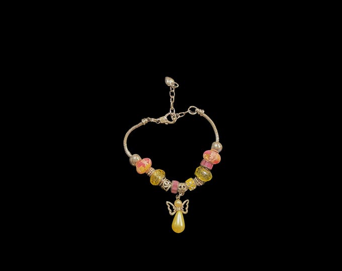 Handcrafted Angel Bracelet – Silver-Tone Snake Chain with Yellow Drop Charm & Beads
