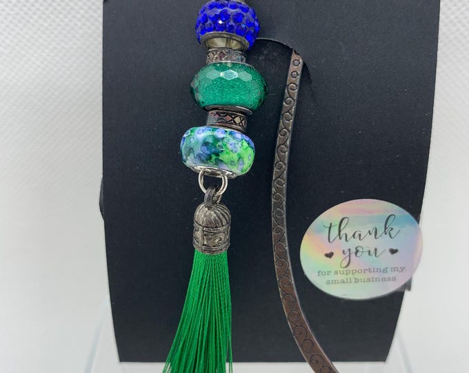 Book mark with green tassel and blue green bead