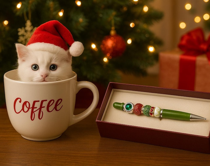 Handcrafted Green Beaded Pen with Red & Green Charms – Christmas Holiday Gift for Her – Refillable Ink Pen – Unique Office Desk Accessory