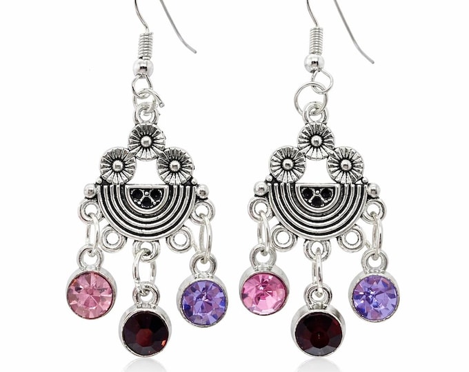 Silver Boho Chandelier Earrings with Pink Purple Crystal Dangles – Bohemian Jewelry Pouch
