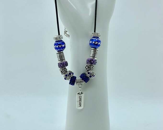 Bejeweled Purple, Blue & Silver “DREAM” Charm Necklace