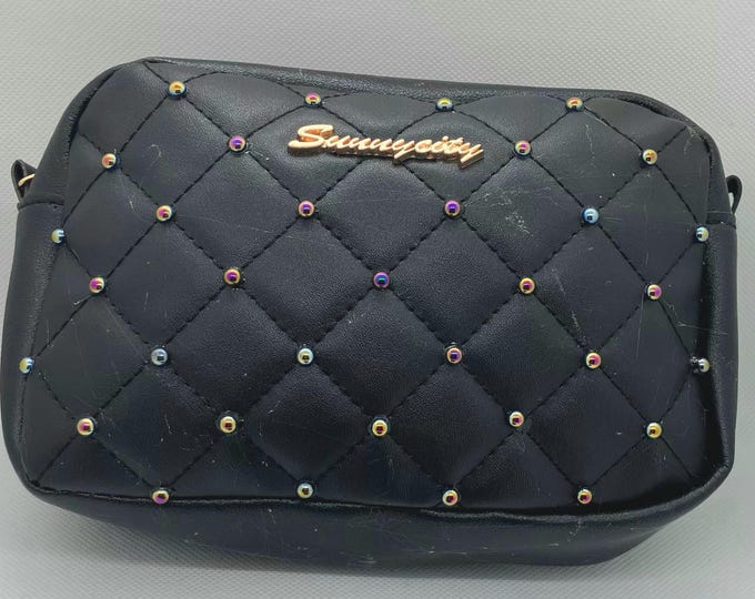 Elegant Black Quilted with irredescent beads Handbag with Chain Strap & Tassel Zipper – Handmade Evening Shoulder Bag